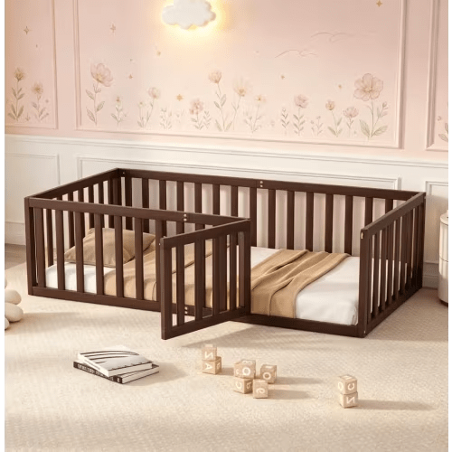 Bellemave Twin Size Montessori Floor Bed with 21.7" High Rails, Pine,Plywood Floor Bed with Small Door, Walnut
