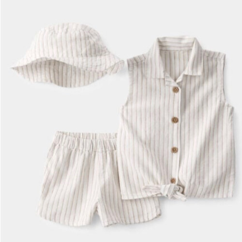 Baby Girl 3-Piece Striped Sleeveless Top & Short Set - Tan/Ivory | Carter's