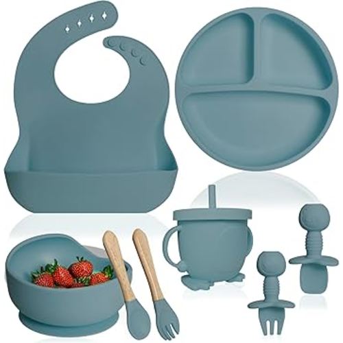 Bluet B- Silicone Baby Feeding Set - Baby Led Weaning Supplies - Baby Spoons, Suction Bowl - Plate - Baby Utensils - Silicone Feeding Set for Baby First Foods, Infant Eating - 8pcs - Blue