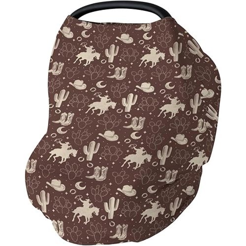 Vintage Western Cowboy Baby Car Seat Covers Cowboys Boots Hat Horse Cactus Moon Stretchy 5-in-1 Cover Adjustable Infant Carseat Canopy Cover Wild West Desert Breathable Nursing Cover-Up Brown