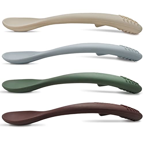 Silicone Baby Feeding Spoons 4 Pack | TotAha Ergonomic Self-feeding with Teether Toddler Utensils | Soft-Tip Infant Spoons | Curved Upwards & Wide Handle | Easy to Grip & Held for First Stage Baby