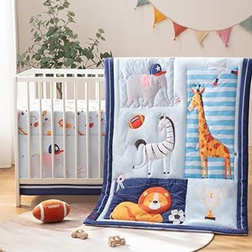 4 Pieces Crib Bedding Set for Baby Boys Girls, Infant Toddler Nursery Baby Bedding Sets Includes Cartoon Quilt, Fitted Crib Sheet, Crib Skirt and Plush Football Toy (MVP)