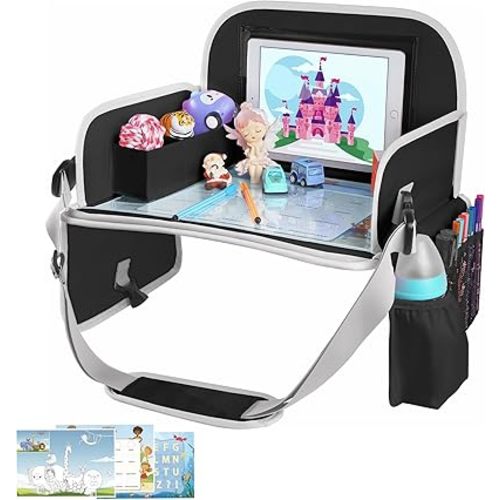 MENZOKE Car Seat Tray for Kids with Large Educational Drawing Board, Tablet Stand & Cooler Cup Holder, Essential for Family Road Trips, Airplane Rides & Daily Commutes, Black