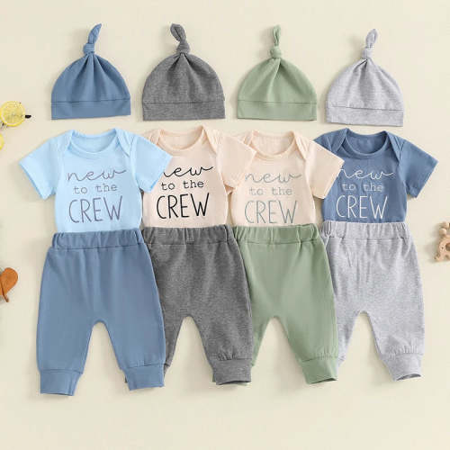 Baby Boy 3Pcs New To The Crew Outfit Letter Short Sleeve Romper with S – August + Willow