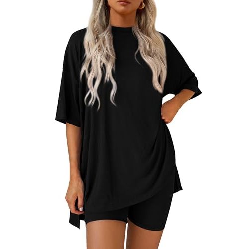 PRETTYGARDEN Women's Two Piece Lounge Set 2025 Summer Casual Oversized Shirts Biker Shorts Matching Airport Travel Outfit