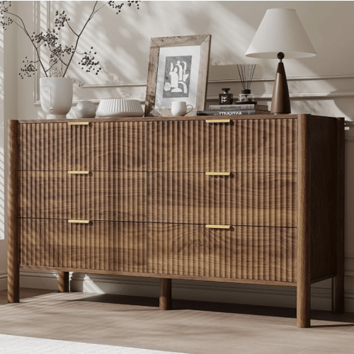 Fluted Walnut Dresser for Bedroom, 55.1" Wide Mid Century Modern Chest of Drawers with 4 Solid Wood Cylindrical Legs & Gold Metal Handles, 6 Drawer Large Dresser for Bedroom