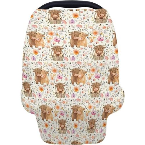 5-in-1 Unisex Highland Cow Pattern Baby Carseat Stroller Cover for Boys Girls, Western Farm Cow Flowers Floral Infant Toddler Privacy Nursing Breastfeeding Canopy, Grocery Shopping Cart Cover-24x28