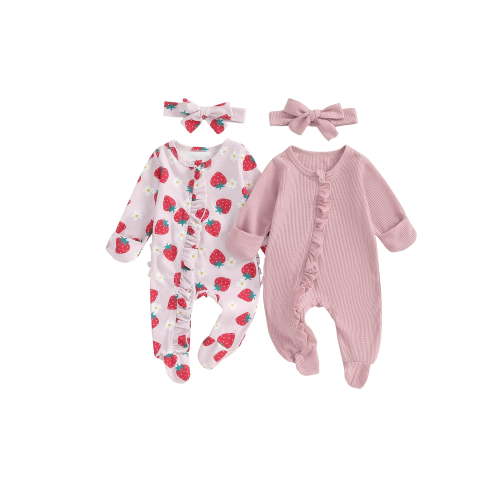 Suealasg 2-Pack Baby Girl Footed Jumpsuit 3 6 Months Newborn Girls Crew Neck Long Sleeve Frills Solid/Flower Zip Up Full Length Jumpsuit