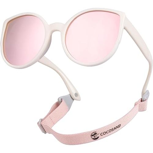 COCOSAND Baby Sunglasses with Strap Polarized Cat Eye Soft Silicone Nose Pads for Toddler Infant Kids Girls Age 0-24 Months, Bright White