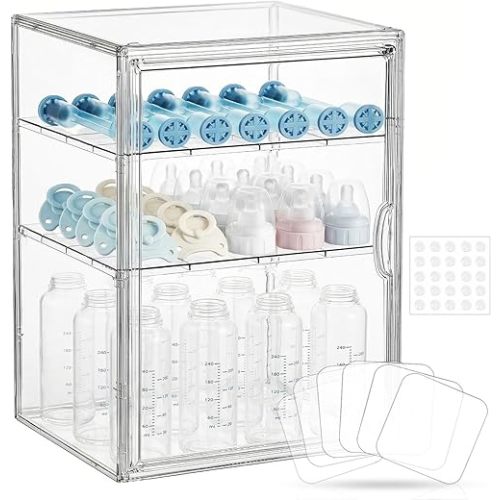 KitHero Baby Bottle Organizer – X-Large Adhesive Wall-Mount 3 Tier Adjustable Acrylic Bottle Storage Container with Magnetic Door – for Countertop, Cabinet, Kitchen, and Vanity, Gifts for New Mom