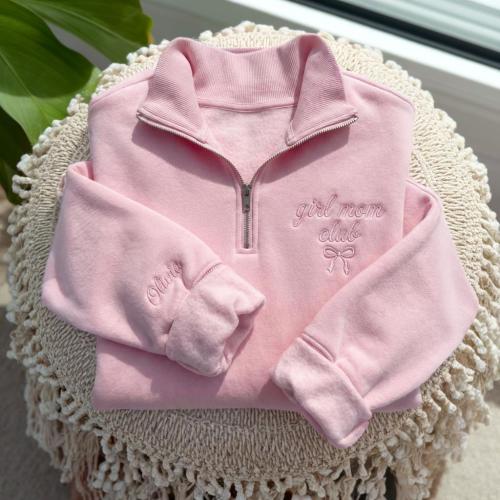 Custom Girl Mom Club Embroidered Quarter Zip Sweatshirt With Name On Sleeve, Mama Sweatshirt with Bow, Mothers Day Gifts, Mom of Girls Shirt