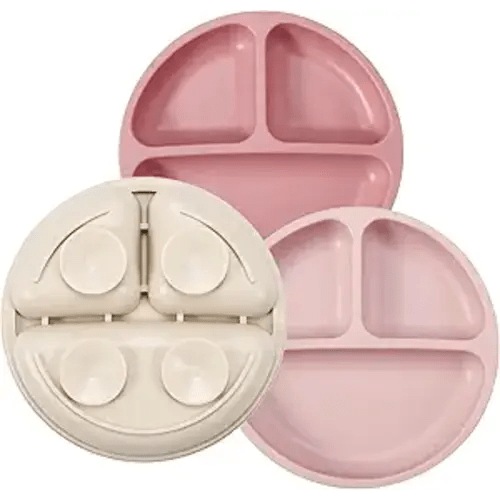PandaEar 3 Pack Toddler Plates, Silicone Divided Suction Plate for Babies, BPA-Free 100% Food-Grade Silicone Unbreakable Baby Plate (Pink/Linen/Light Pink)