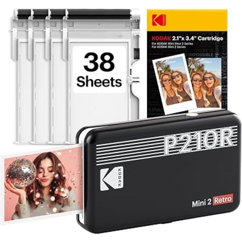 KODAK Mini 2 Retro 2x3" Portable Photo Printer, 38 Sheets, Bluetooth Smartphone Printer for iPhone & Android, Instant Color Prints, 4PASS Dye Sublimation, Black