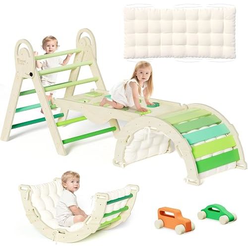 ElegantCrafts Pikler Triangle Set with Cushion, Montessori Climbing Set, Indoor Climb Toys, Indoor Playground Jungle Gyms, 9 Combinations Climbing Toy Set for Toddler, Baby, Kids 1-4
