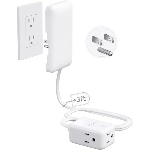 NUTICT Flat Extension Cord with 3 Outlets, 3FT Short Extension Cord Flat Wall Plug & Ultra-Thin Outlet Cover, 900J Surge Protection, 13A/1625W, ETL Listed, White Outlet Extender for Kitchen Bathroom