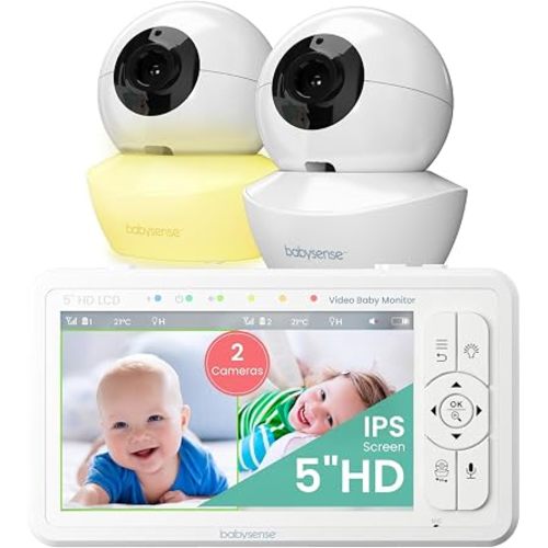 Babysense 5" HD Non WiFi Split-Screen Baby Monitor, Video Baby Monitor with 2 Cameras and Audio, Night Light, 1000ft Range, Two-Way Audio, 4X Zoom, Night Vision, 4000mAh Battery