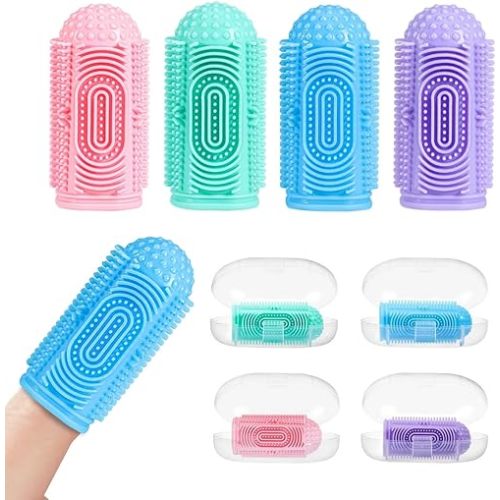 Finger Tooth Brushing Baby Toothbrush 4 Pcs with 4 Travel Storage Case,Food Grade Silicone Baby Finger Toothbrush,Soft Infant Toothbrushes for Toddlers 0-36,Oral Cleaner,Gum Finger Brush