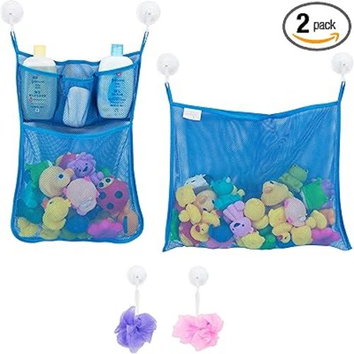 2 x Mesh Bath Toy Organizer + 6 Ultra Strong Hooks – The Perfect Bathtub Toy Holder & Bathroom or Shower Caddy – These Multi-use Net Bags Make Baby Bath Toy Storage Easy – For Kids & Toddlers