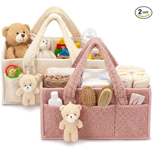 2 Pack Diaper Caddy Organizer Baby Caddy Organizer with Handle Nursery Storage Bin and Car Storage Basket for Diapers, Wipes, Newborn Necessities Baby Shower Gifts(Powder Pink and Ivory)