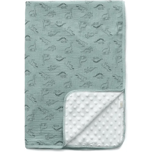 Sea Zaela Baby Blanket for Unisex Boys Girls Nursery Minky Blankets with Muslin Cotton Front Dotted Fleece Backing Double Layer Bed Throws Pattern Sage Green Dinosaur