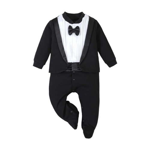 DHFJKG Baby Boys Suit Romper Jumpsuit Formal Gentleman Long Sleeve Crewneck Button-Up Footed Onesie With Bow Tie For Infant Toddler 0-12 Months Wedding Lovely Onesies