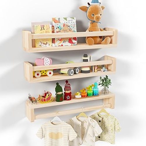 Heimlove Nursery Floating Shelves, Solid Wood Nursery Book Shelves for Wall, 24 inch Bookshelf for Kids for Books, Wall Mounted Shelves for Toys and Decor Storage, Set of 3 (Natural)