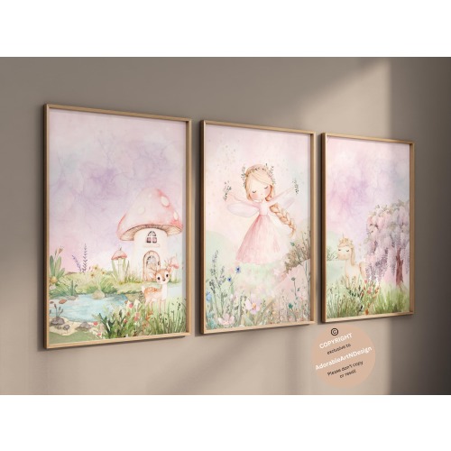 Fairy garden wall art, Fairy nursery theme decor, Fairy wall art, fairy art, set of 3, girls bedroom decor, fairy decor, girl nursery decor