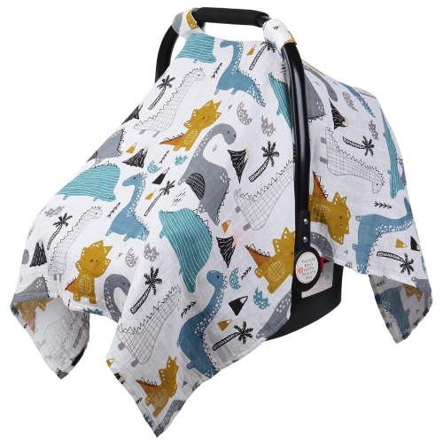Breathable Muslin Cotton Baby Car Seat Cover, Universal Stroller Sun Shade, Dinosaur Carseat Covers for Baby Boy, Soft Lightweight Newborn Essentials, Baby Boy Stuff for Newborn Shower Gift