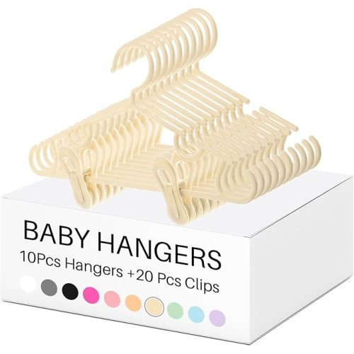 Hsei 5/10/40 Pack Baby Hangers with 10/20/80 Clips, Plastic Kids Pants Hangers for Nursery Closet Top and Bottom Clothes Hanger Set for Newborn Infant Toddler(30 Packs Total,Yellow,10.6 Inch)