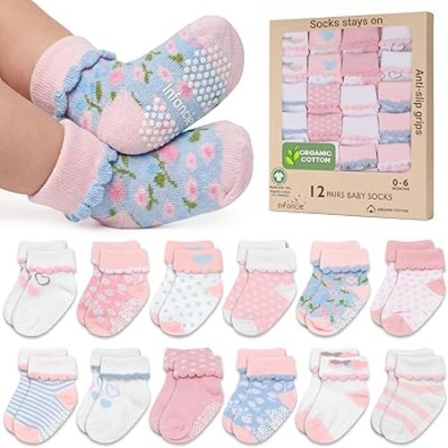 Organic Cotton GOTS Certified Baby Socks For Girls 12 Pairs – Soft And Comfortable Baby Girl Socks 0-6 Months, Adorable Sock Shoes For Baby Girl, Gift For Newborns