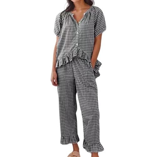 Womens Gingham Pajama Set 2 Piece Short Sleeve Babydoll Shirt and Pants Lounge Set Cute Sleepwear