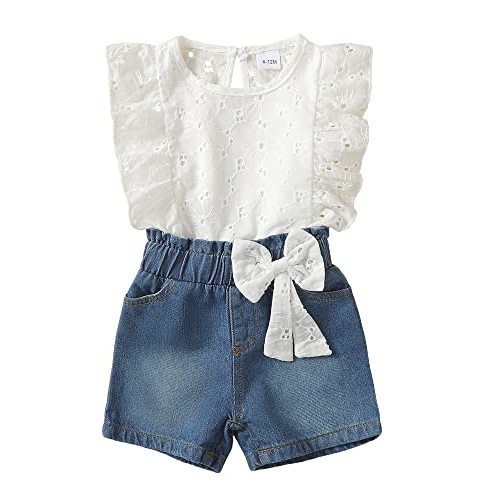 Baby Girl Clothes Toddler Girl Summer Outfit Ruffle Short Sleeve Lace Shirt Blue Jean Shorts Set Toddler Clothes Summer