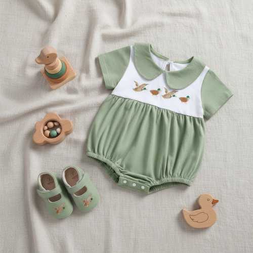 Baby Boy Duck Smocked Romper Cotton Summer Bodysuit Set