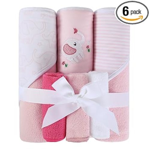 Softan Baby Hooded Towels and Washcloths Set 6 Pack, 28x28 Ultra Soft & Absorbent Baby Bath Towels for Newborn Infant Toddler, Unisex Boys Girls (Pink Elephant)