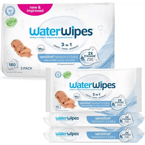 WaterWipes Sensitive+ Newborn & Baby Wipes, 3-In-1 Cleans, Cares, Protects, 99.9% Water, Unscented & Hypoallergenic, 180 Count (3 Packs)