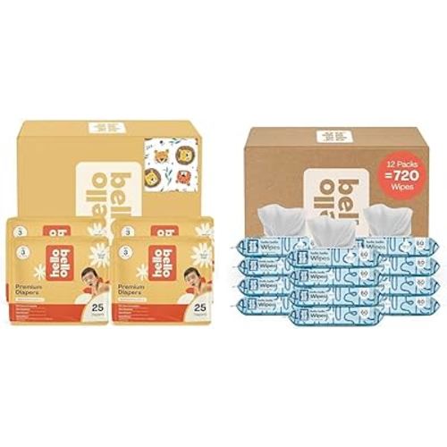 Hello Bello Diapers, Size 3 (14-24 lbs) Wild Cats, 100 Count Value Pack of Premium Disposable Baby Diapers, Hypoallergenic with Soft, Cloth-Like Feel + Extra Gentle Unscented Baby Wipes, 720 Count