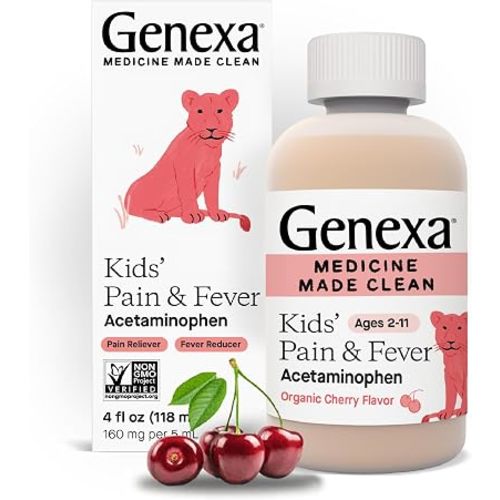 Genexa Children's Clean Acetaminophen | Pediatrician Preferred Ingredients | Pain & Fever Reducer for Kids | Dye Free, 0% Artificial Additives | Ages 2-11, Delicious Organic Cherry Liquid, 4 fl oz