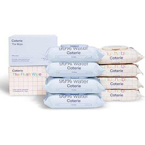 Coterie Baby Wipes & Flushable Toddler Wipes Set | 4 Packs Baby Wipes (224ct) + 4 Packs Flushable Toddler Wipes (224ct) | Hypoallergenic, Safe for Sensitive Skin, 99% Water, Plant-Based, Eczema Safe