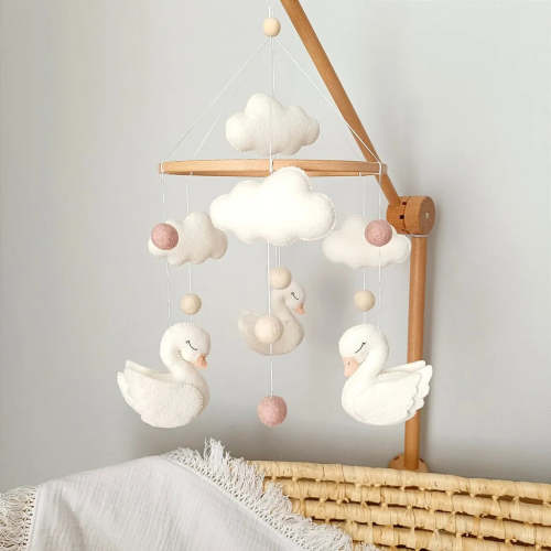 🦢 Swan Baby Mobile – White Felt Nursery Mobile with Clouds and Blush Accents
