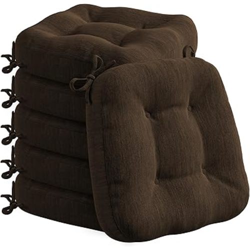 Codi Dining Chair Cushions 6 Pack, Thick Chairs Pads for Indoor Kitchen Room - Washable, Non-Slip Seat Cushion with Ties, 16.5"x16.5"x 3.5", Set of 6, Brown New