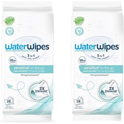 WaterWipes Sensitive+ On The Go Wipes,3-In-1 Cleans,Cares,Protects,99.9% Water,Unscented & Hypoallergenic Wet Wipes,28 Count (Pack of 2)