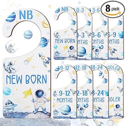Baby Closet Dividers 8PCS, Outer Space Themed Wooden Double-Sided Clothes Size Hanger Organizer from Newborn to Toddler for Nursery Decor Baby Shower Birthday Gift Blue