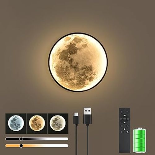 Battery Operated Moon Wall Sconces 12 inch 3 Color Dimmable Rechargeable Moon Wall Light with Remote Control Black Moon Wall Lamp Indoor Wall Mounted Lighting for Living Room Bedroom