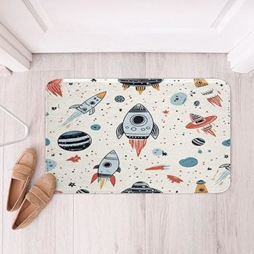 Feelyou Space Rocket Bath Rugs for Bathroom Slip-Resistant Shag Universe Planet Bath Mat Decor Soft Fleece Absorbent Outer Space Ship Floor Mat for Shower Room Living Room Bedroom Area Rugs 16"x24"