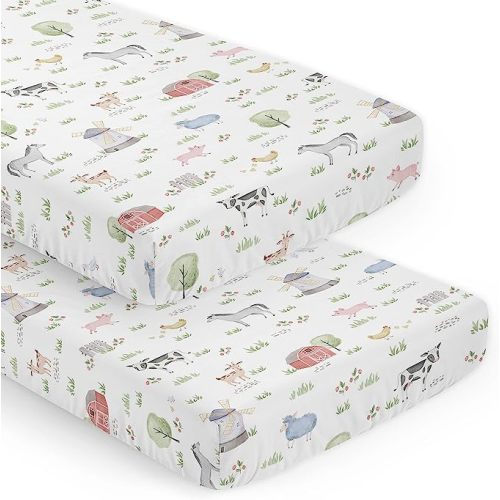 Sweet Jojo Designs 2-Piece Baby Crib Sheets Set (Farm Animals) for Boys or Girls, Infant Nursery, Toddler Room - Standard Size (Neutral, Farmhouse, Country, Barn Animal, Farms Theme, Cow, Grey Horse)