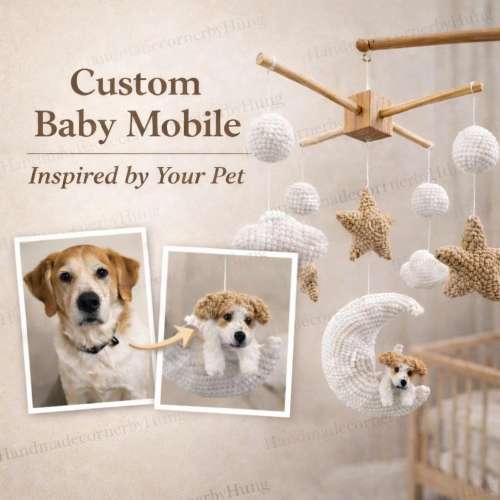 Custom Pet Baby Mobile, Personalized Crochet Dog Nursery Decor, Handmade Baby Crib Mobile, Baby Shower Gift