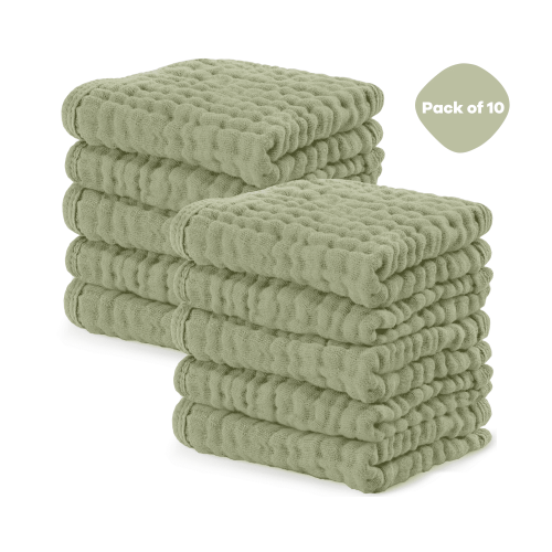 Comfy Cubs Baby Washcloths, Muslin Cotton Baby Towels, Large 10”x10” Wash Cloths (Sage, Pack of 10)