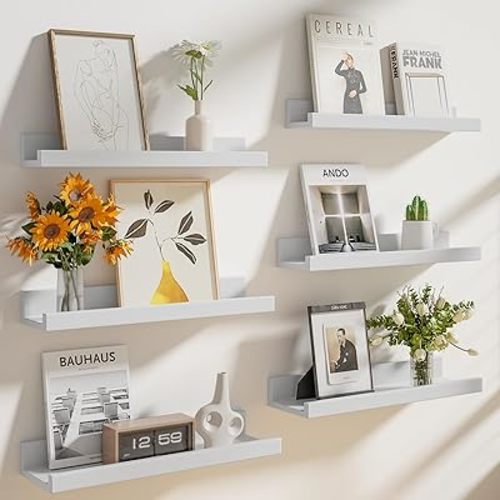 Heimlove Floating Shelves Set of 6, 16" Wall Mounted Picture Ledge, Display Shelf Organizer for Decor Storage, Wall Mounted Shelves for Living Room, Bedroom, Bathroom, Kitchen (White)