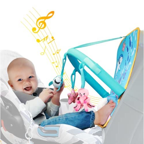 TUOERQI Baby Car Seat Toy, Sensory Toys for Toddler, Attract Your Baby, Encouragee Baby Touch and Kick, Adjustable Car Seat Accessories with Plush Music Box Three Cute Dolls for Babies 0-6-12 Months