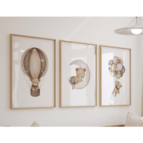 Bear Nursery Prints, Neutral Boy Nursery Wall Art,  Baby Boy Room Decor, Set of 3 Art Prints Shipped, 244